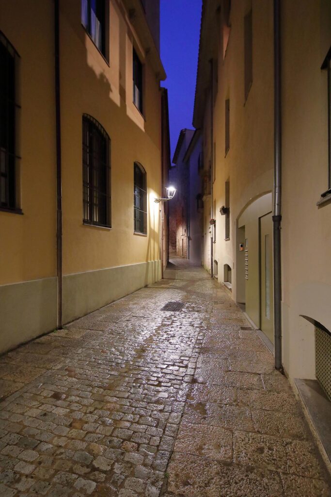 Night view 2 of Carrer de la Rosa with the entrance to the apartment