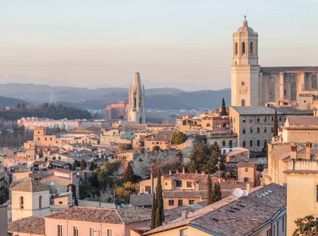 Sunset in Girona over the old part and the cathedral