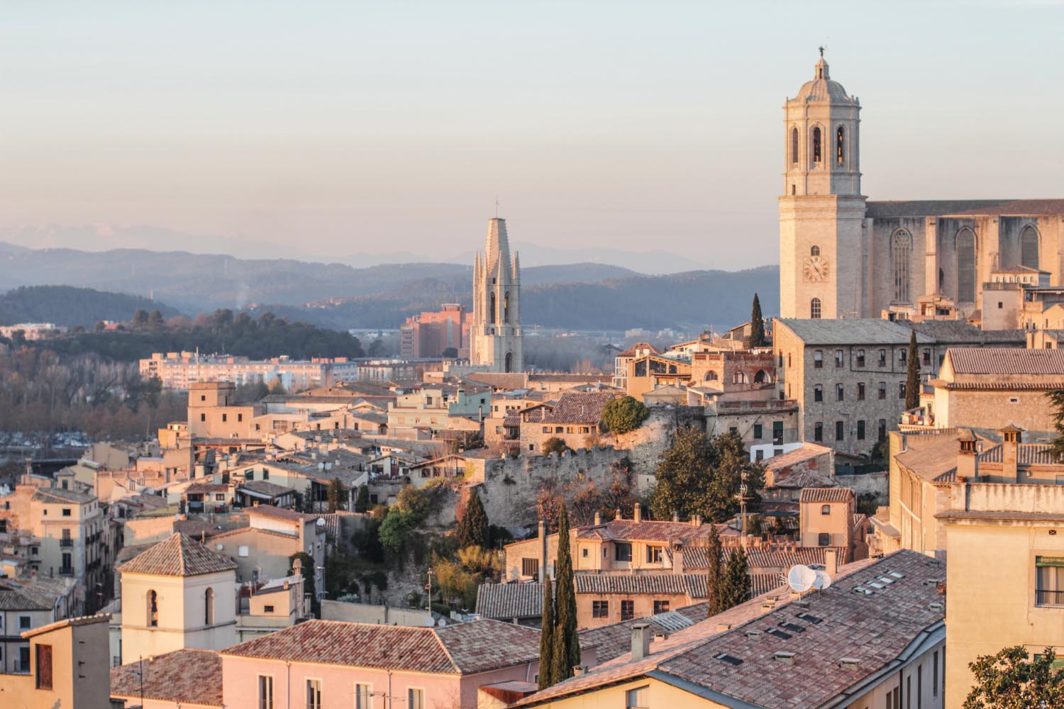 Sunset in Girona over the old part and the cathedral